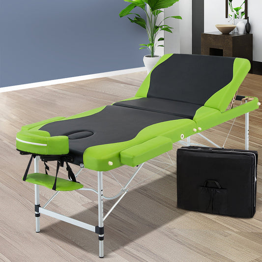 Green Zenses massage table by Hlpmedical, 75cm portable 3-fold aluminium beauty bed for relaxation and therapy.