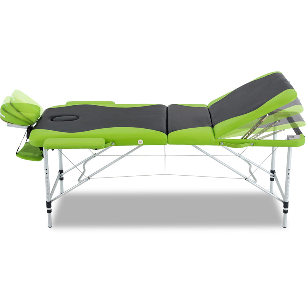 Hlpmedical Zenses massage table, 75cm wide, portable 3-fold aluminium beauty bed in green for relaxation and massage therapy.