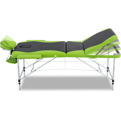 Hlpmedical Zenses massage table, 75cm wide, portable 3-fold aluminium beauty bed in green for relaxation and massage therapy.
