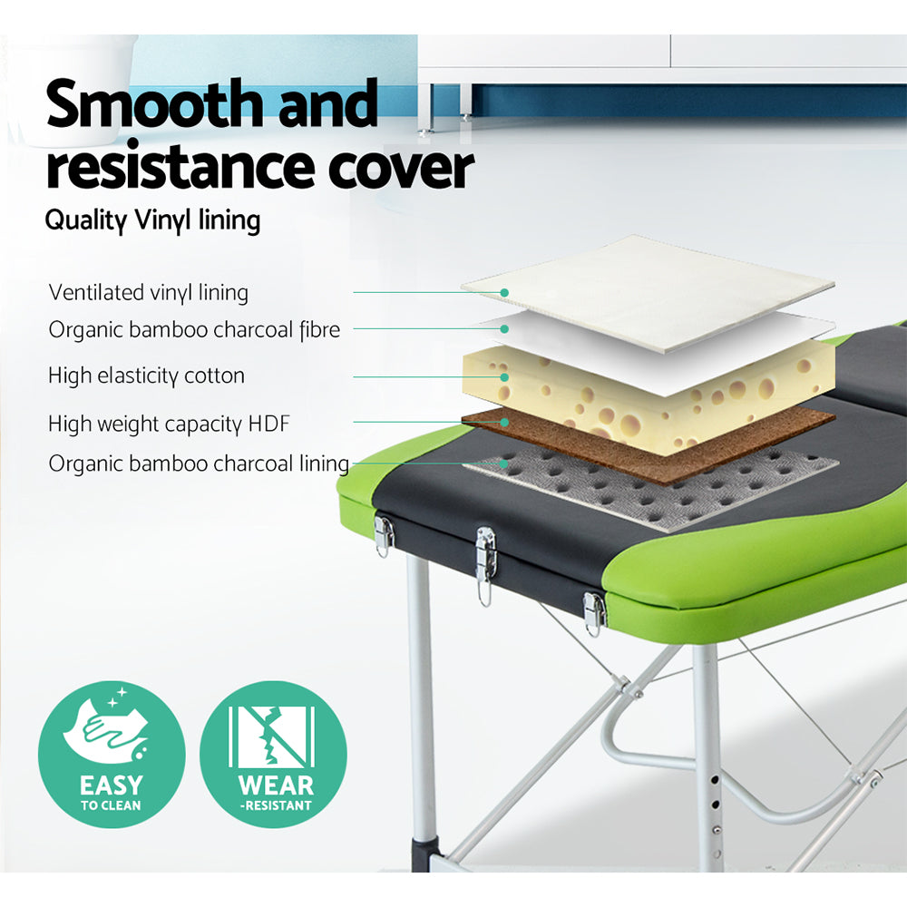 Green Zenses massage table by Hlpmedical, 75cm portable 3-fold aluminum beauty bed for relaxation and health treatments.
