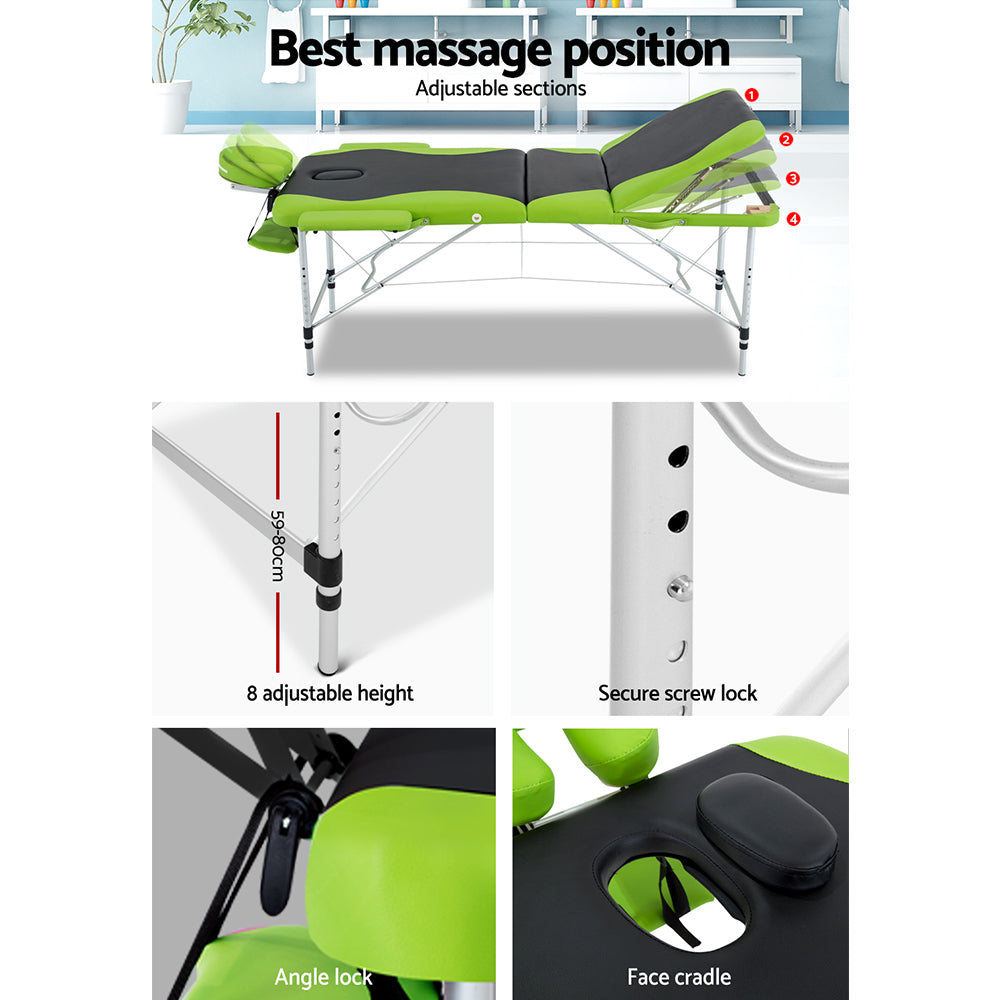 Green Zenses massage table by Hlpmedical, 75cm portable 3-fold aluminum beauty bed for relaxation and massage therapy.
