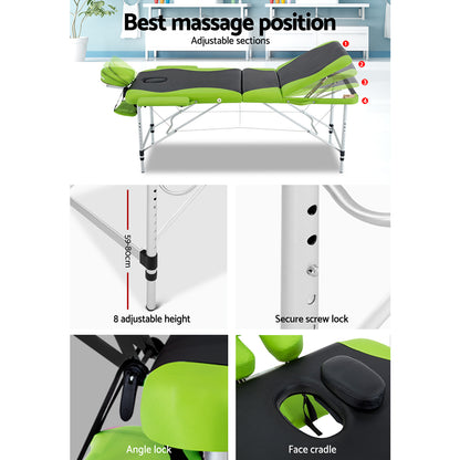 Green Zenses massage table by Hlpmedical, 75cm portable 3-fold aluminum beauty bed for relaxation and massage therapy.