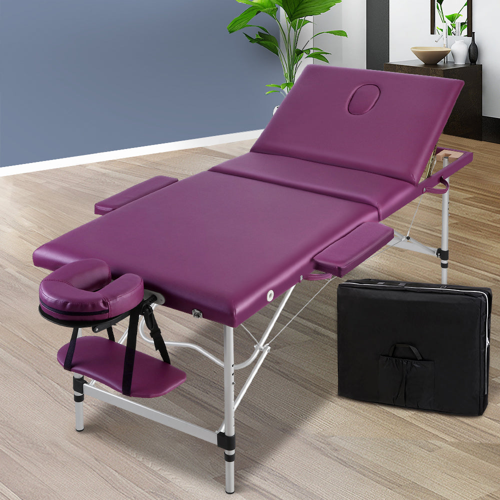Hlpmedical Zenses massage table 75cm portable 3-fold aluminium beauty bed in violet, suitable for massage and relaxation.