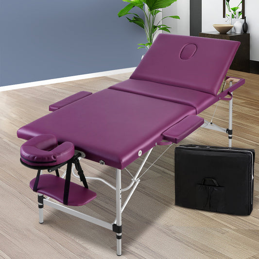 Hlpmedical Zenses massage table 75cm portable 3-fold aluminium beauty bed in violet, suitable for massage and relaxation.
