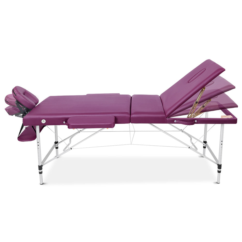 Violet Zenses massage table by Hlpmedical, 75cm portable 3-fold aluminium beauty bed for relaxation and massage sessions.