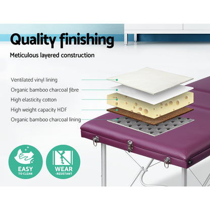 Hlpmedical Zenses massage table, 75cm portable 3-fold aluminium beauty bed in violet, suited for health and relaxation therapy.