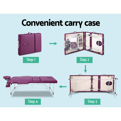 Hlpmedical Zenses massage table, 75cm portable 3-fold aluminium beauty bed in violet, designed for massage and relaxation.