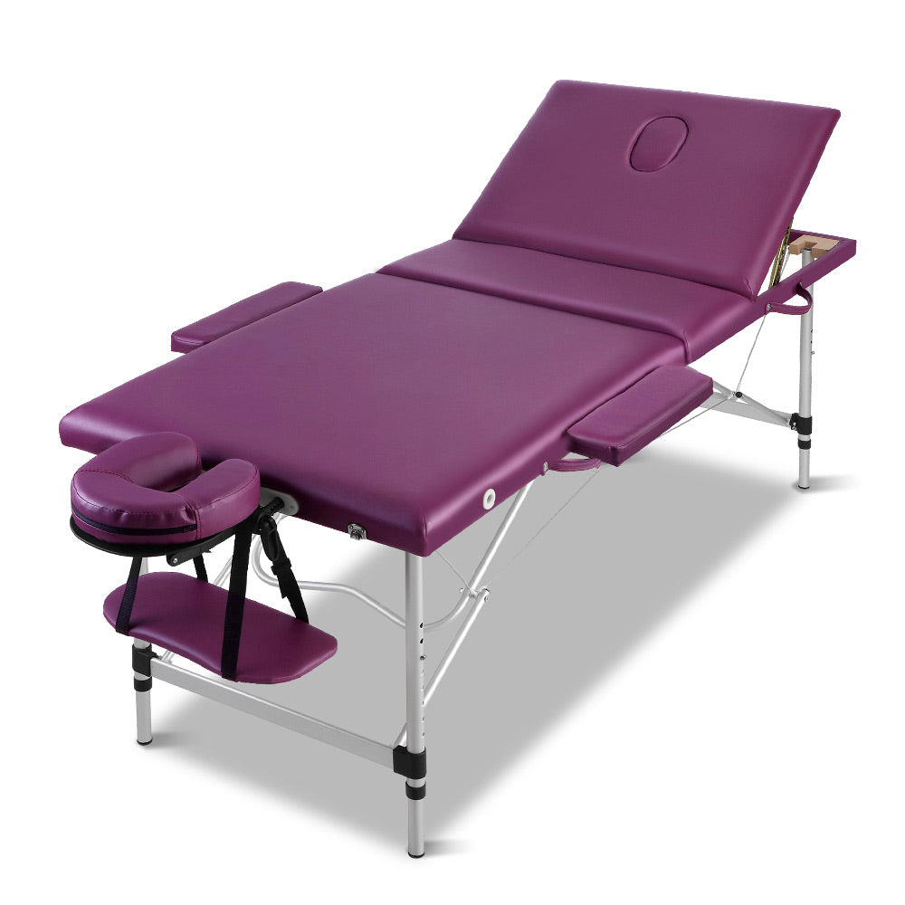 Hlpmedical Zenses Massage Table 75cm portable 3-fold aluminium beauty bed in violet, designed for massage and relaxation.