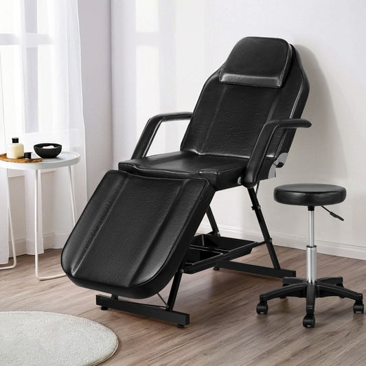 Hlpmedical Zenses massage table, adjustable salon bed and 3-fold black massage chair for relaxation and therapy.