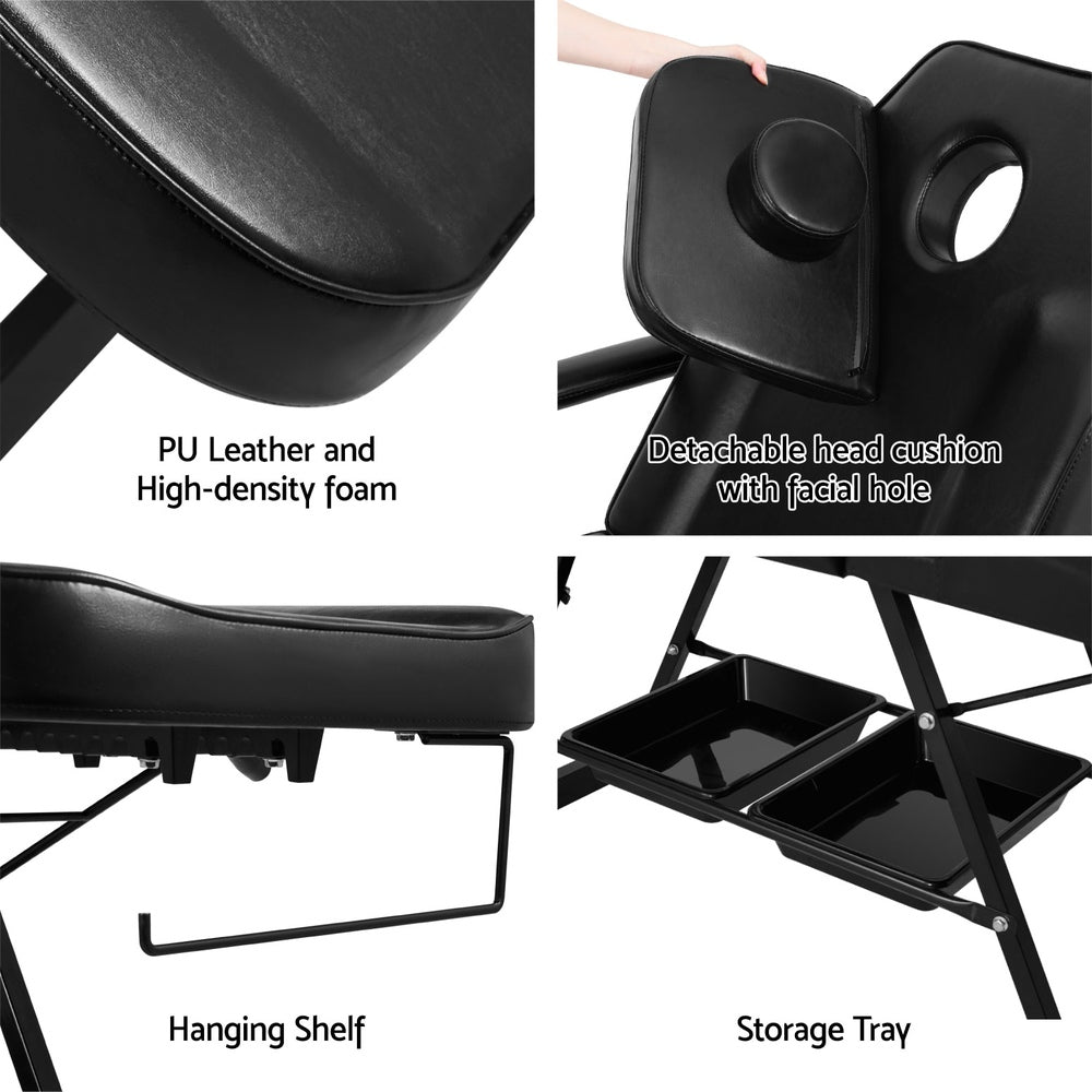 Black Zenses Massage Table by Hlpmedical, adjustable salon bed and 3-fold massage chair for relaxation and health treatments.
