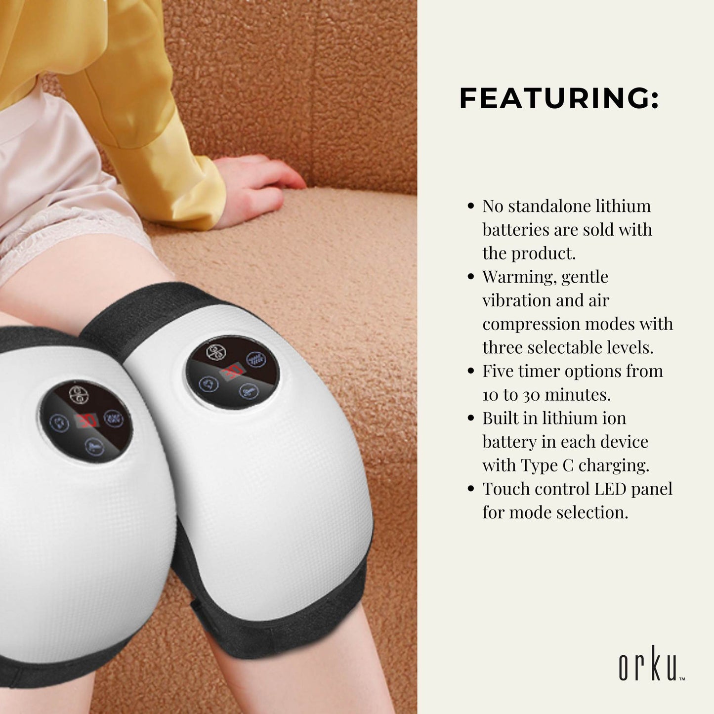 Hlpmedical electric knee massager with rechargeable air compression, heat, and vibration for pain relief and relaxation.