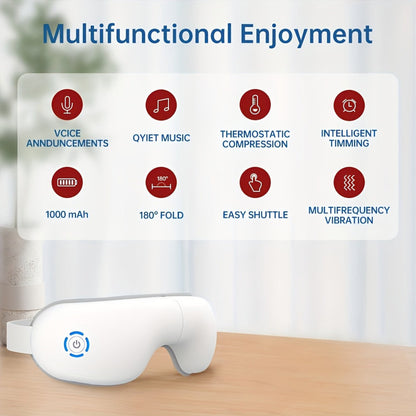 Hlpmedical 4D portable eye massager with heat and music, designed for relaxation and eye comfort, showing the device on a clean surface.