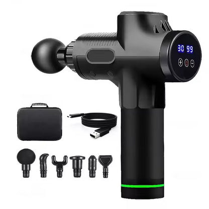 Black deep tissue percussion massage gun by Hlpmedical with 30 speeds, 6 heads, and Type-C charging for relaxation and muscle relief.