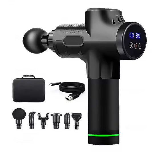 Black Hlpmedical deep tissue massage gun with 30 speeds, 6 heads, and Type-C charging for relaxation and pain relief.