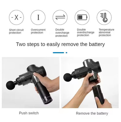 Hlpmedical black deep tissue percussion massage gun with 30 speeds, 6 heads, and Type-C charging for muscle relaxation.
