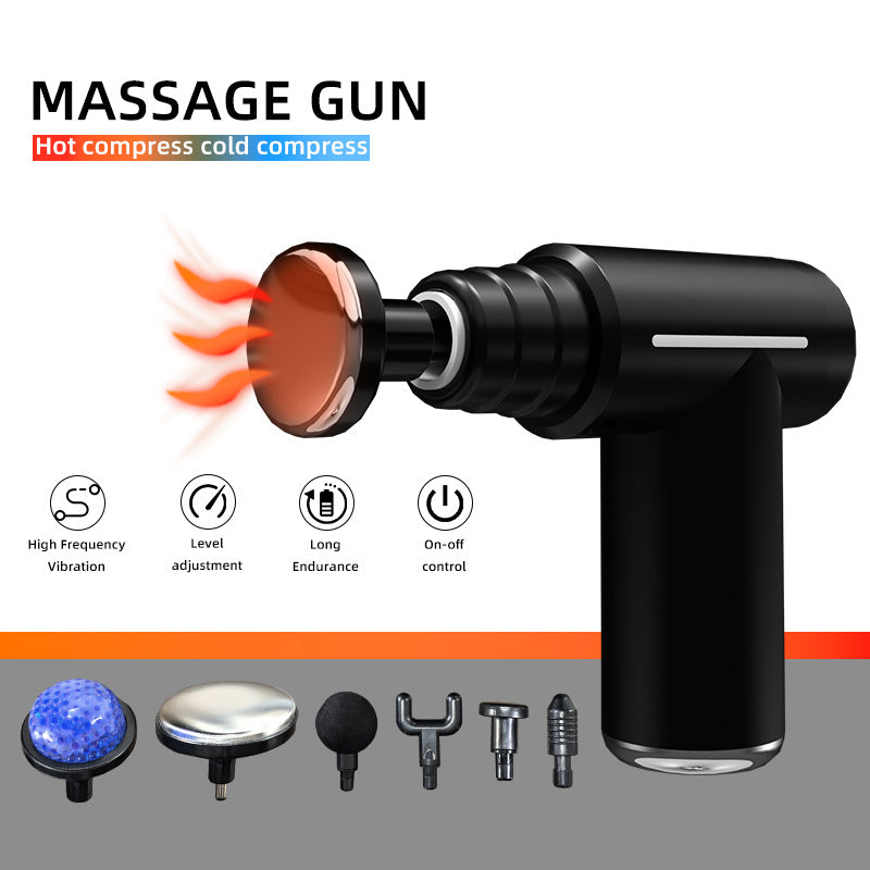 Hlpmedical black lightweight mini massage gun with six heads and dual thermal therapy for muscle relief and body recovery.