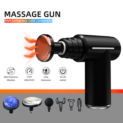 Hlpmedical black lightweight mini massage gun with six heads and dual thermal therapy for muscle relief and body recovery.