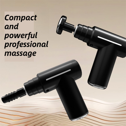 Hlpmedical black mini massage gun with six heads, adjustable heat and intensity for muscle relief and portable body recovery.