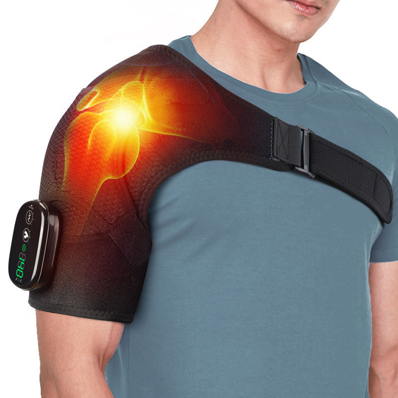 Black rechargeable heated shoulder massager with LED display, adjustable compression wrap for pain relief and relaxation by Hlpmedical.