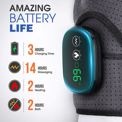 Black rechargeable heated shoulder massager with LED display, adjustable compression wrap for pain relief and relaxation by Hlpmedical.