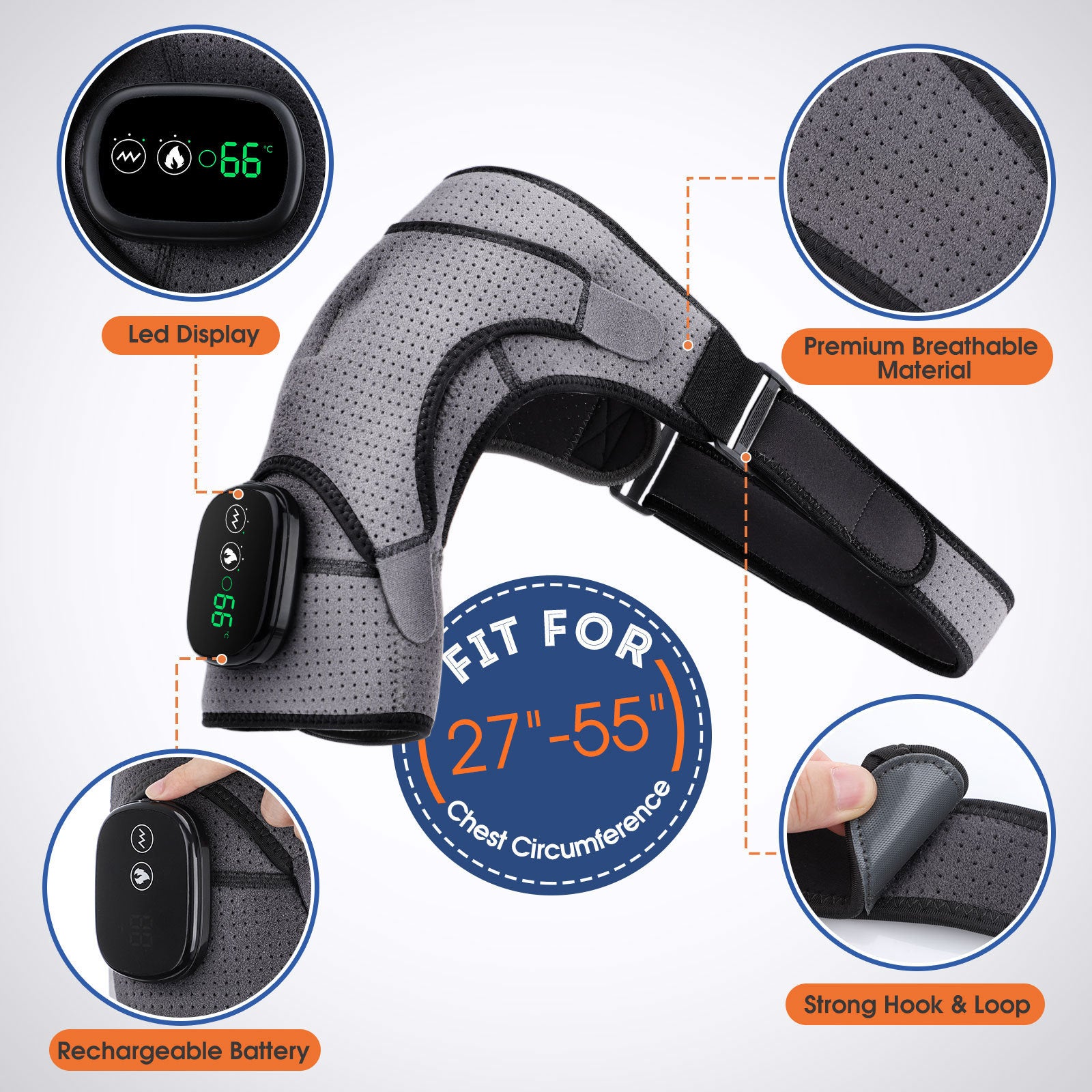 Hlpmedical black rechargeable heated shoulder massager with LED display and adjustable compression for pain relief and relaxation.