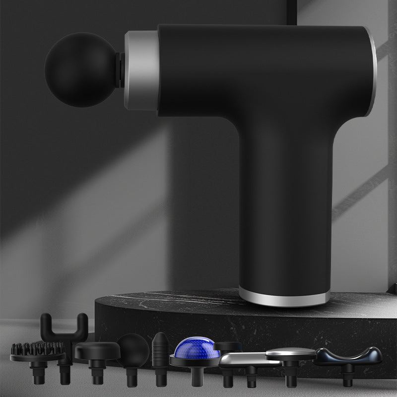 Hlpmedical black silver mini hot cold massage gun with 10 heads and dual thermal therapy for deep muscle relief and fitness recovery.
