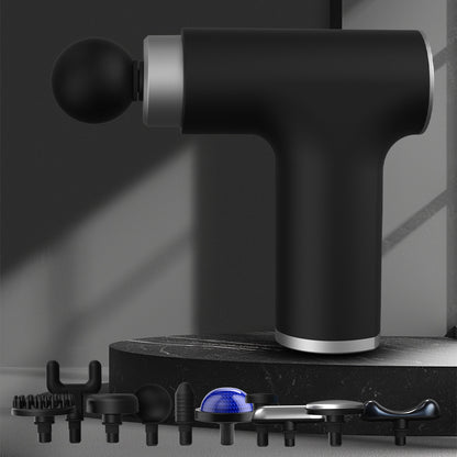 Hlpmedical black silver mini hot cold massage gun with 10 heads and dual thermal therapy for deep muscle relief and fitness recovery.