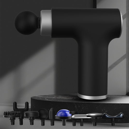 Hlpmedical black silver mini hot cold massage gun with 10 heads and dual thermal therapy for deep muscle relief and fitness recovery.