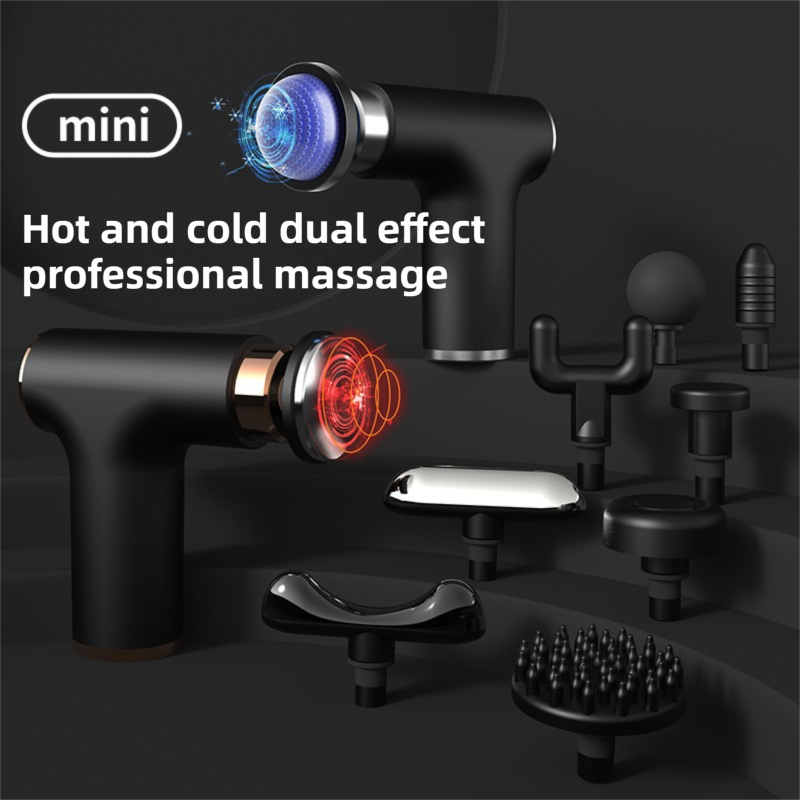 Black silver mini massage gun with 10 heads and dual thermal therapy, designed for deep muscle relief and fitness recovery.