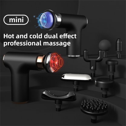 Black silver mini massage gun with 10 heads and dual thermal therapy, designed for deep muscle relief and fitness recovery.