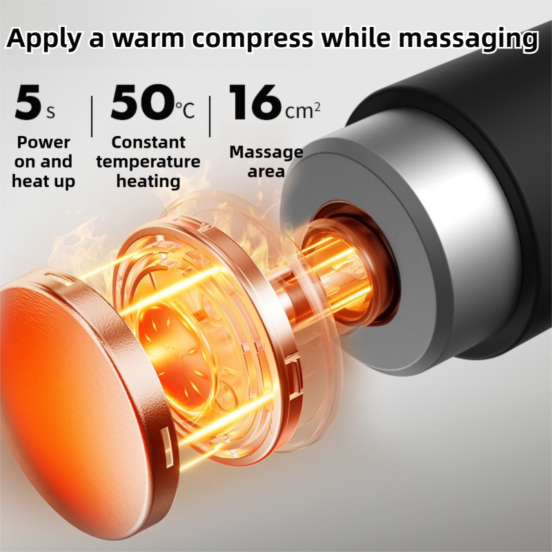 Black silver mini massage gun with 10 heads, dual thermal therapy, and 6 intensity levels for deep muscle relief and recovery.