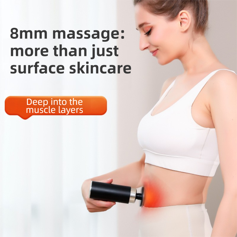 Black silver mini massage gun with 10 heads and dual thermal therapy, designed for deep muscle relief and fitness recovery by Hlpmedical.