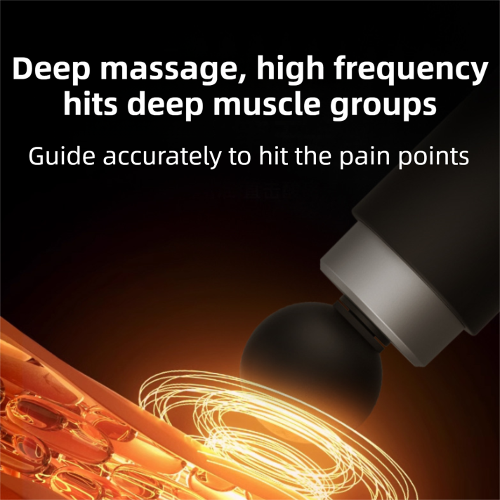 Black silver mini massage gun with 10 heads, dual thermal therapy, and six intensity settings for deep muscle relief.