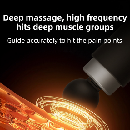 Black silver mini massage gun with 10 heads, dual thermal therapy, and six intensity settings for deep muscle relief.