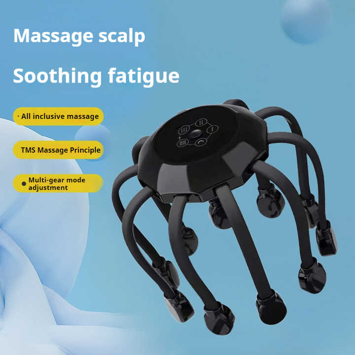 Black Hlpmedical head massager with 14 nodes, 5 modes, vibration, and timing for scalp stress relief and relaxation.