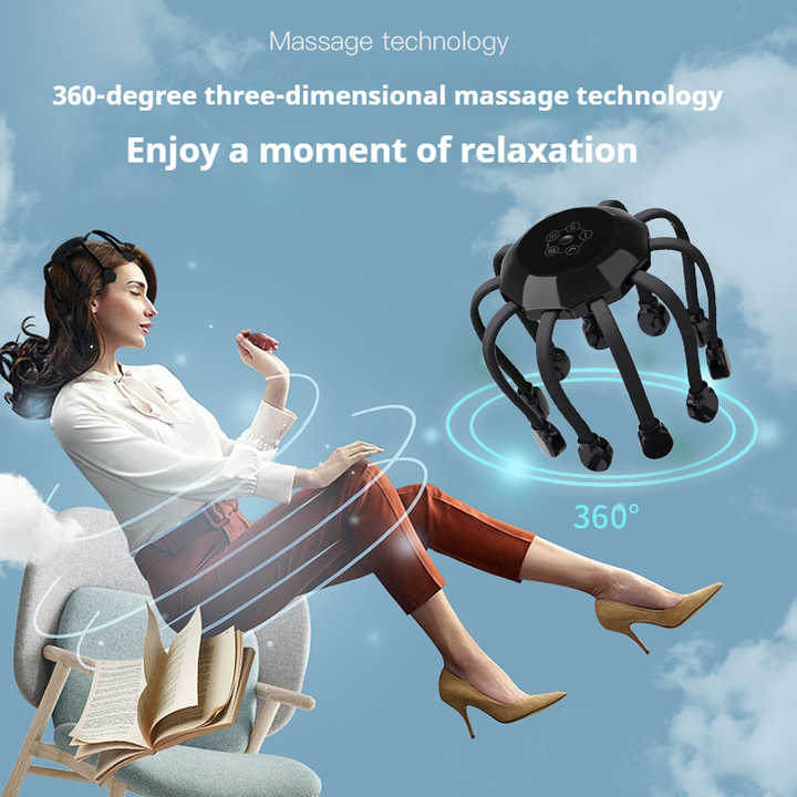 Hlpmedical Black Standard B model electric head massager with 14 nodes, 5 modes, vibration, and timer for scalp stress relief.