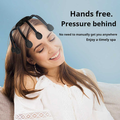 Black Hlpmedical head massager with 14 nodes, 5 modes, vibration, and timer for scalp stress relief and relaxation.