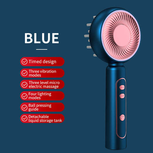 Blue Hlpmedical scalp massager brush with red light therapy for hair care, volumizing, and essence application.