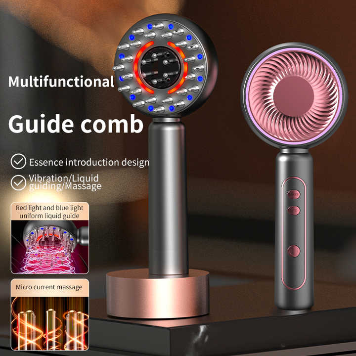 Blue Hlpmedical scalp massager brush with red light therapy for hair care, volumizing, and essence application.
