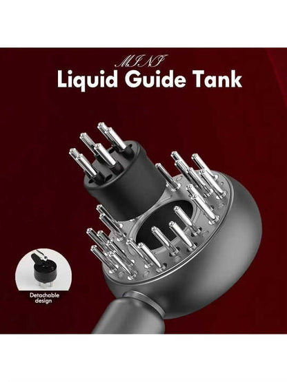 Blue Hlpmedical scalp massager brush with red light therapy for hair care, volumizing, and essence application.