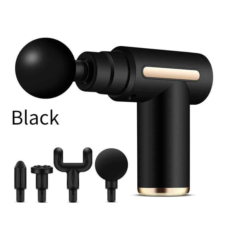 Hlpmedical compact black massage gun with four interchangeable heads for deep tissue muscle relaxation and pain relief.