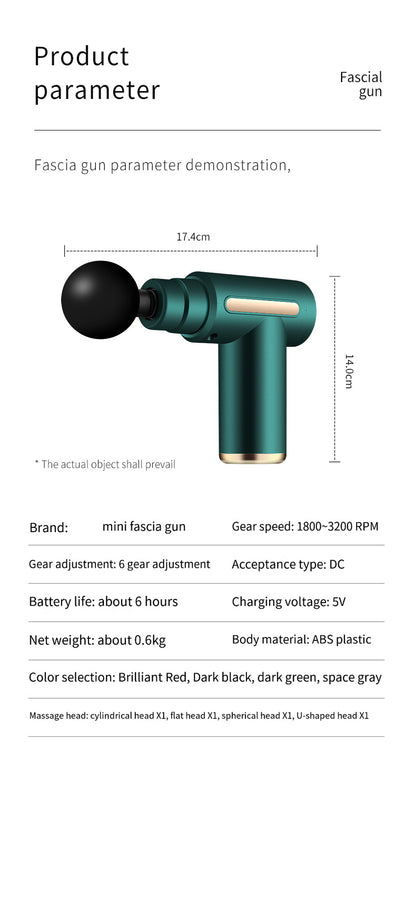 Hlpmedical compact black massage gun with four interchangeable heads for deep tissue muscle relaxation and pain relief.
