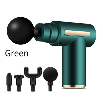Hlpmedical compact green massage gun with four interchangeable heads for deep tissue muscle relaxation.