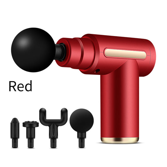 Hlpmedical compact red massage gun for deep tissue muscle relief with four interchangeable heads, ideal for relaxation and recovery.