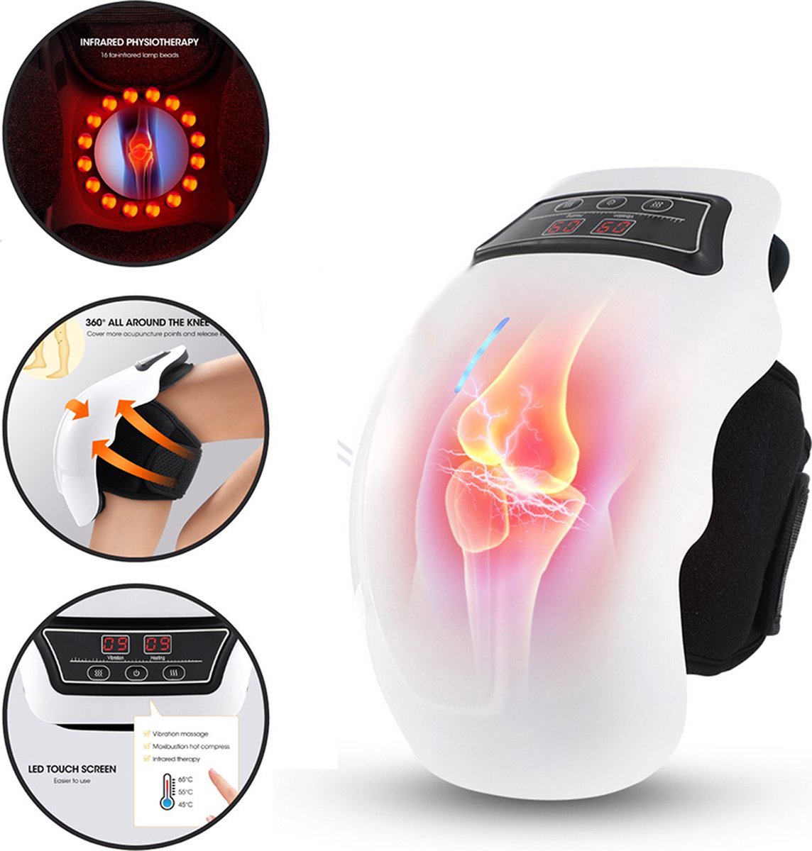 Hlpmedical Deluqse knee massager with infrared, vibration, thermal therapy, and red light for pain relief and relaxation.