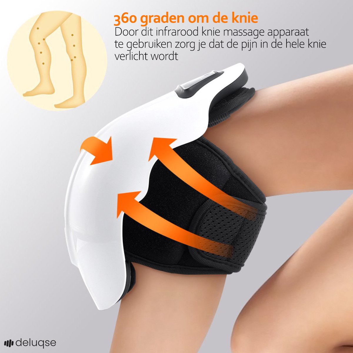 Hlpmedical Deluqse knee massager with infrared, vibration, thermal therapy, and red light for pain relief and relaxation.