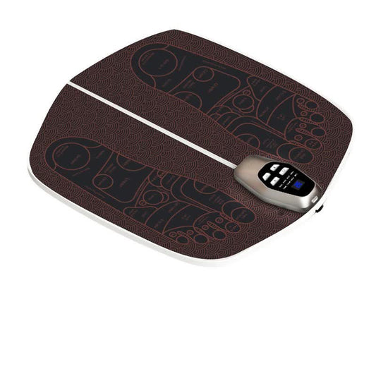 Hlpmedical electric foot massager mat with remote control, LED display, 32 speeds, and 8 massage modes for relaxation and pain relief.