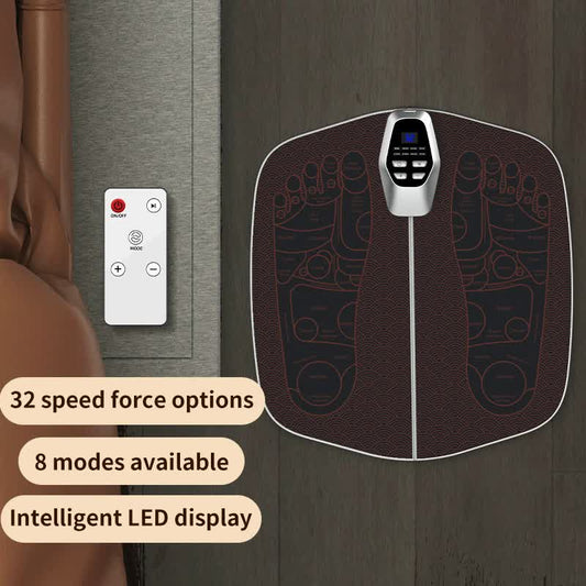 Hlpmedical electric foot massager mat with remote control, 32 speeds, 8 modes, LED display for relaxation and pain relief.