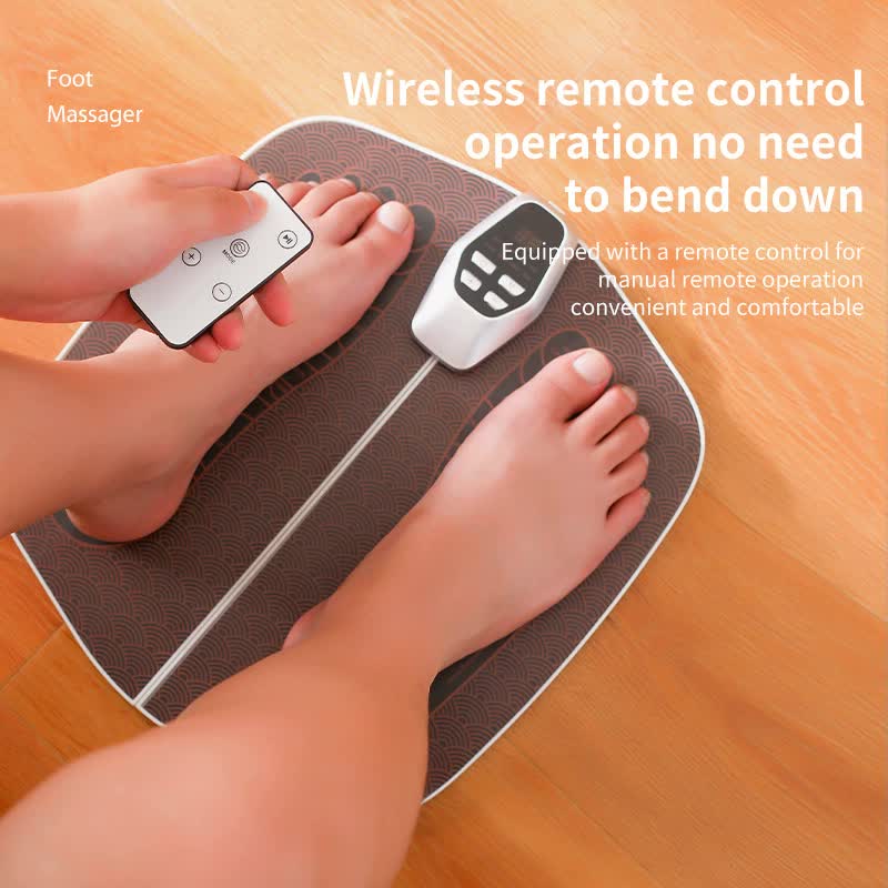 Hlpmedical electric foot massager mat with remote, 32-speed, 8 modes, LED display for relaxing foot therapy and pain relief.