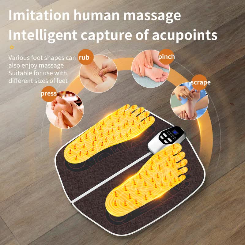 Hlpmedical electric foot massager mat with remote, LED display, 32 speeds, and 8 massage modes for relaxation and relief.